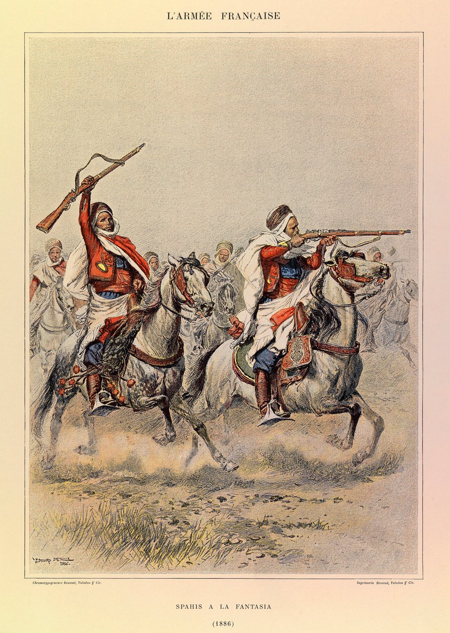 Typer och uniformer av kapten Jules Richards franska armé, illustrerad av Edouard Detaille (1848-1912): Spahis a la Fantasia 1886, privat samling av Jean Baptiste Edouard Detaille