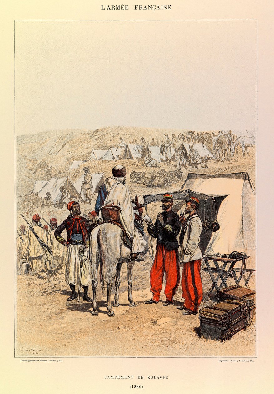 Typer och uniformer av kapten Jules Richards franska armé, illustrerad av Edouard Detaille (1848-1912): Camp of Zouaves 1886, Privat samling av Jean Baptiste Edouard Detaille