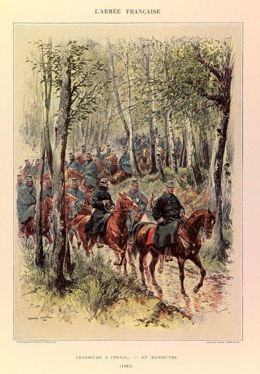Typer och uniformer av kapten Jules Richards franska armé, illustrerad av Edouard Detaille (1848-1912): Hunters a horse in maneuver in 1885, Private Collection av Jean Baptiste Edouard Detaille