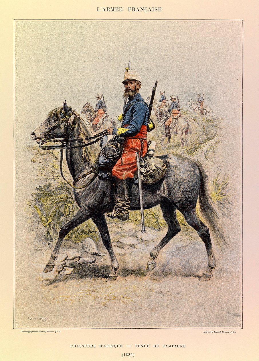 Typer och uniformer av kapten Jules Richards franska armé, illustrerad av Edouard Detaille (1848-1912): Afrikas jägare i lantklänning 1886, privat samling av Jean-Baptiste Edouard Detaille