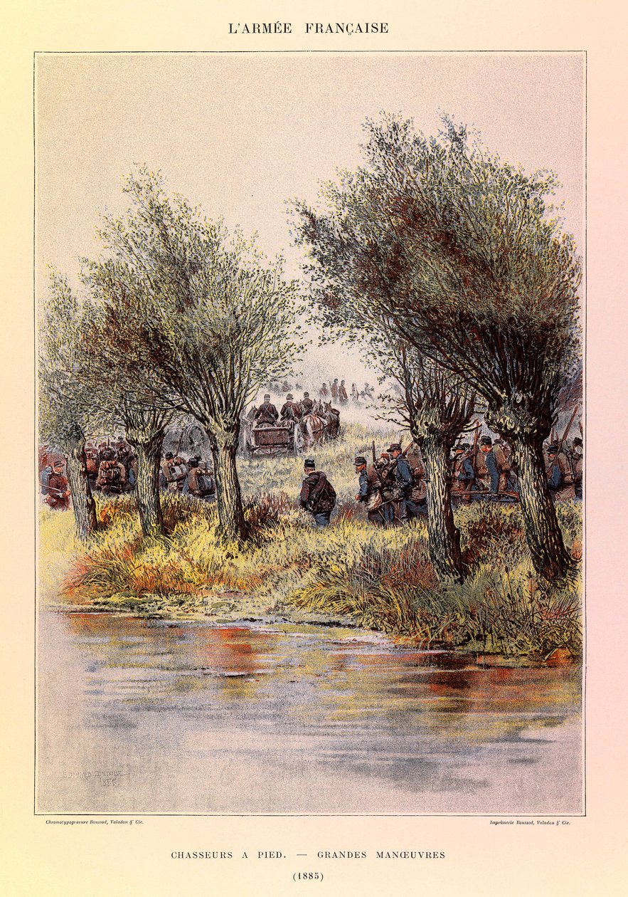 Typer och uniformer av kapten Jules Richards franska armé, illustrerad av Edouard Detaille (1848-1912): Jägare till fots; de stora manövrarna 1885, Privatsamling av Jean Baptiste Edouard Detaille
