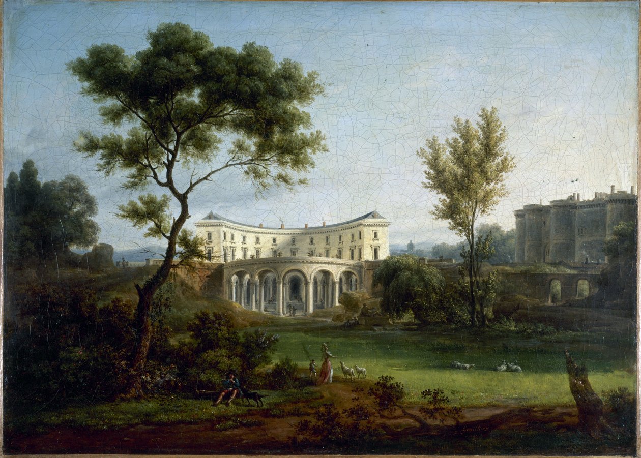 Beaumarchais hus och Bastiljen, ca 1788 (olja på duk) av Jean Baptiste Genillion