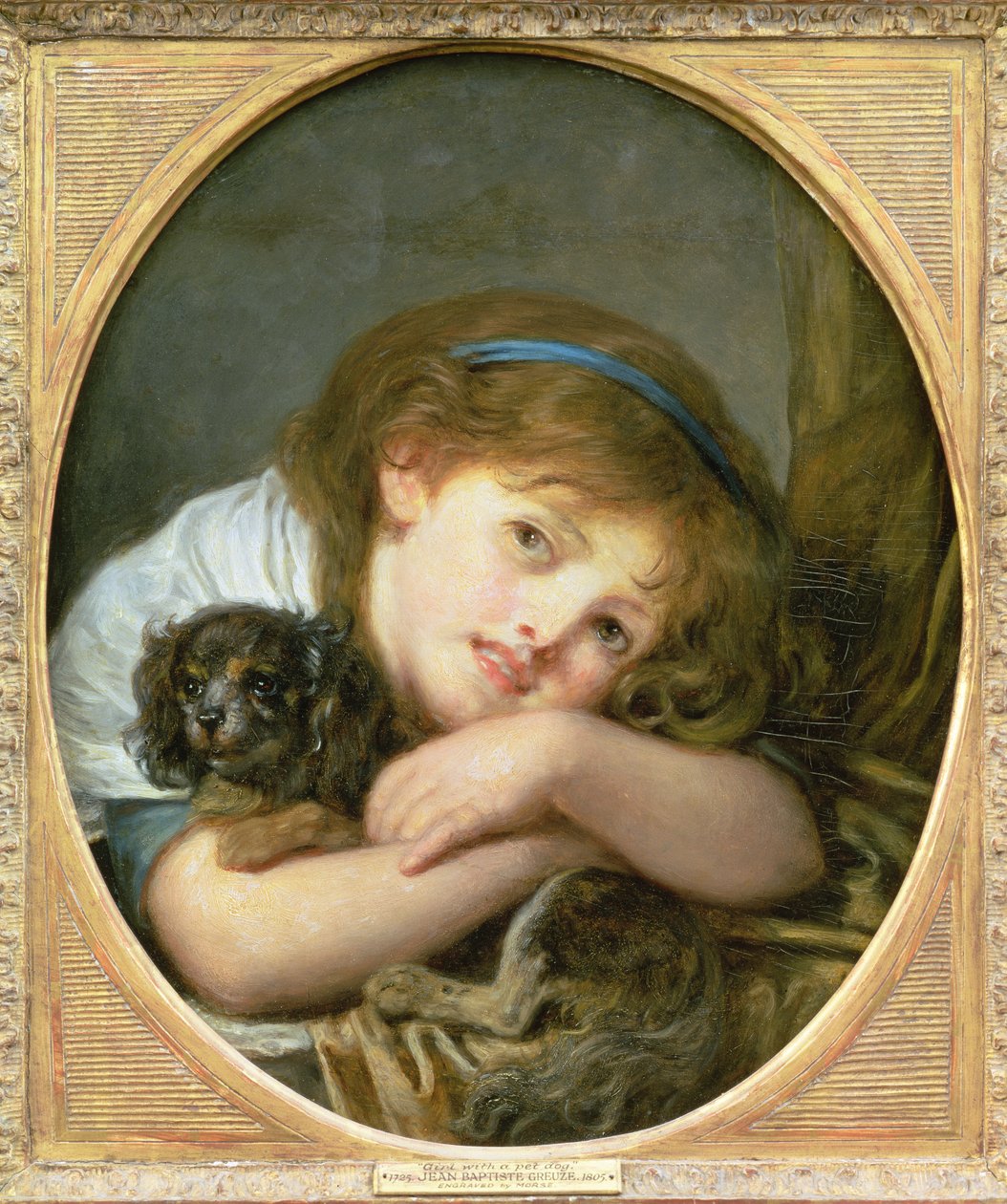 En flicka med en hund (olja på panel) av Jean Baptiste Greuze