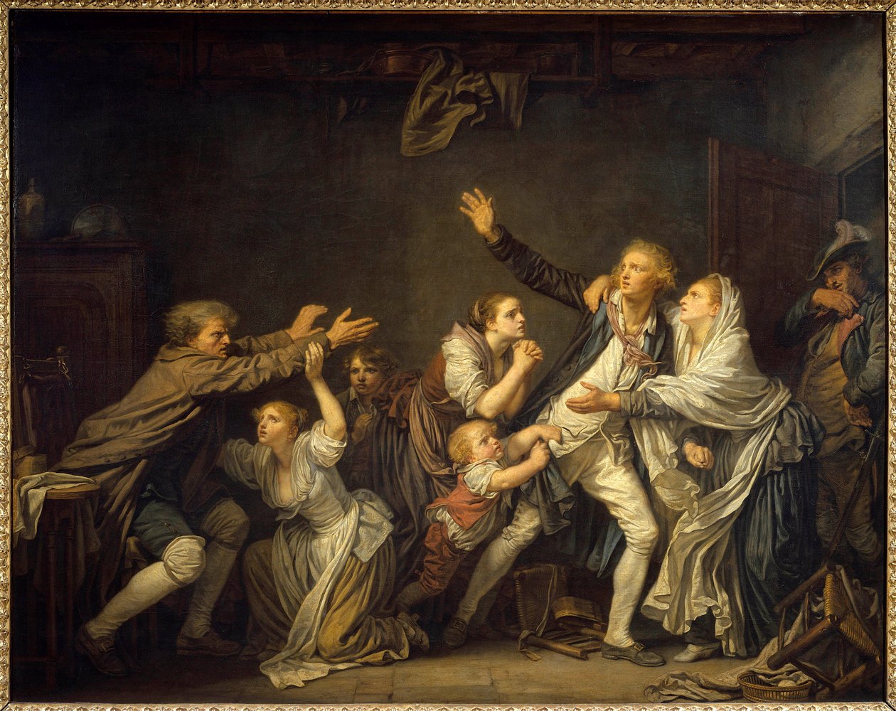 En pappa förnekar att hans son tvingats lämna familjens hem. Målning av Jean Baptiste Greuze (1725-1805) 1777 Sön. 1,30 x 1,62 m av Jean Baptiste Greuze