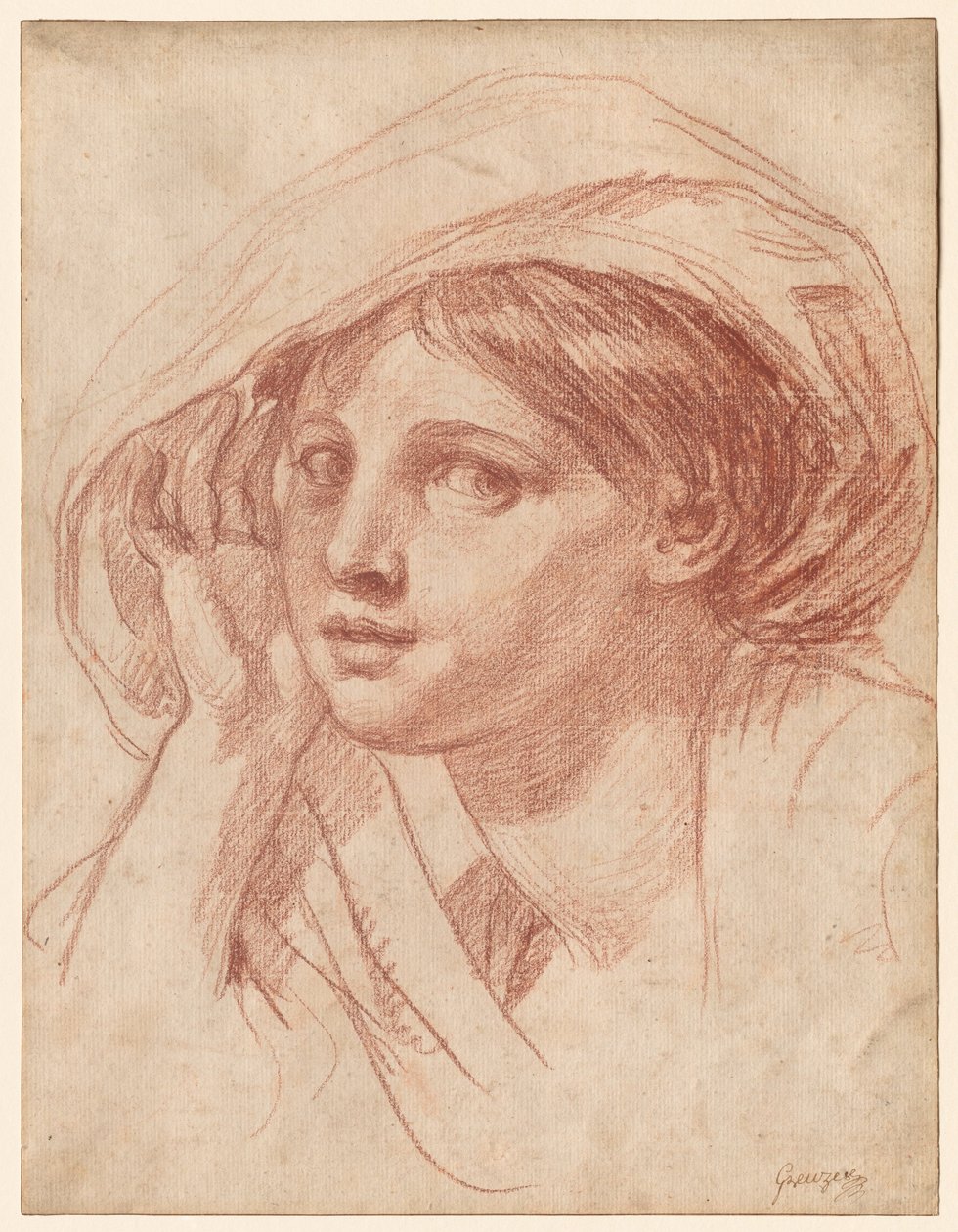 Huvud av en ung kvinna, ca 1785 (rödkrita på vitt papper) av Jean Baptiste Greuze