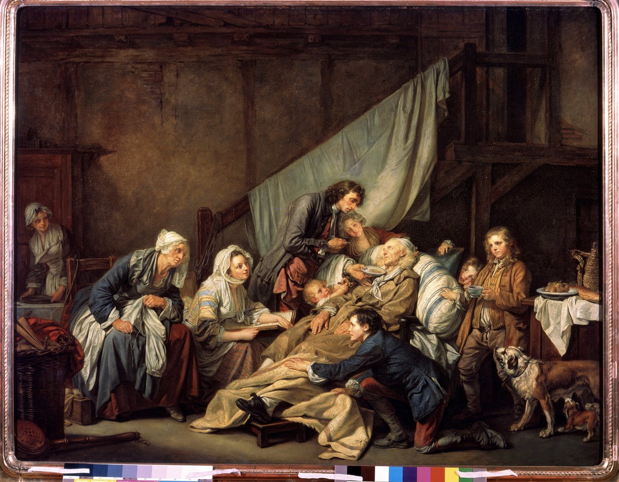 ""The Filial Piety or the Paralytic Rescued by His Children"" (Filial Piety (The Paralytic)) Målning av Jean Baptiste Greuze (1725-1805) 1763 Mått 115x146 cm Eremitagemuseet, Sankt Petersburg av Jean Baptiste Greuze