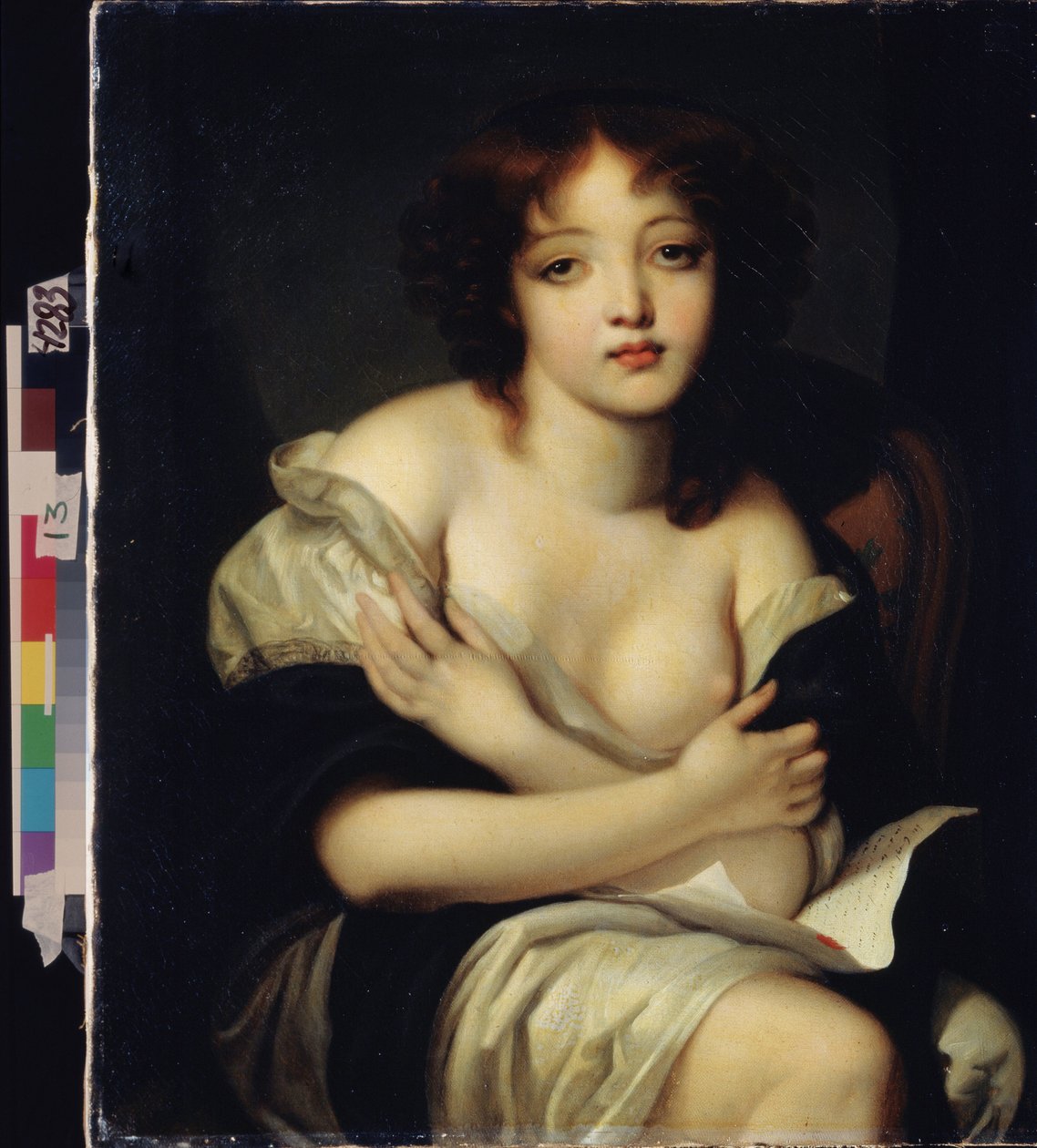 ""Brevet"" (Ett brev) Ung naken tjej med ett melankoliskt uttryck, med ett kärleksbrev. Målning av Jean Baptiste Greuze (1725-1805) State Museum Arkhangelskoye Estate, Moskva av Jean Baptiste Greuze