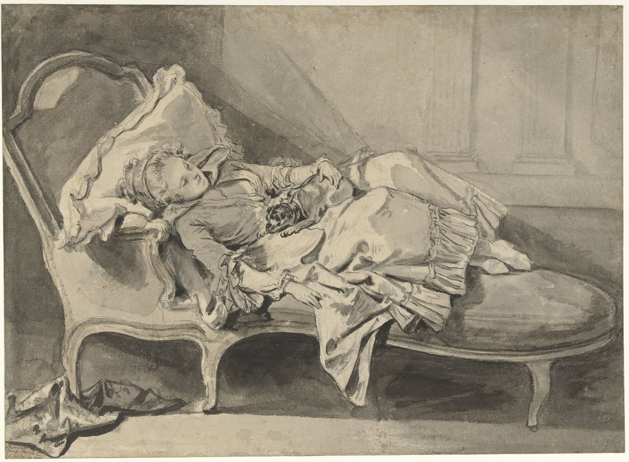 Madame Greuze på en schäslong med sin hund av Jean Baptiste Greuze
