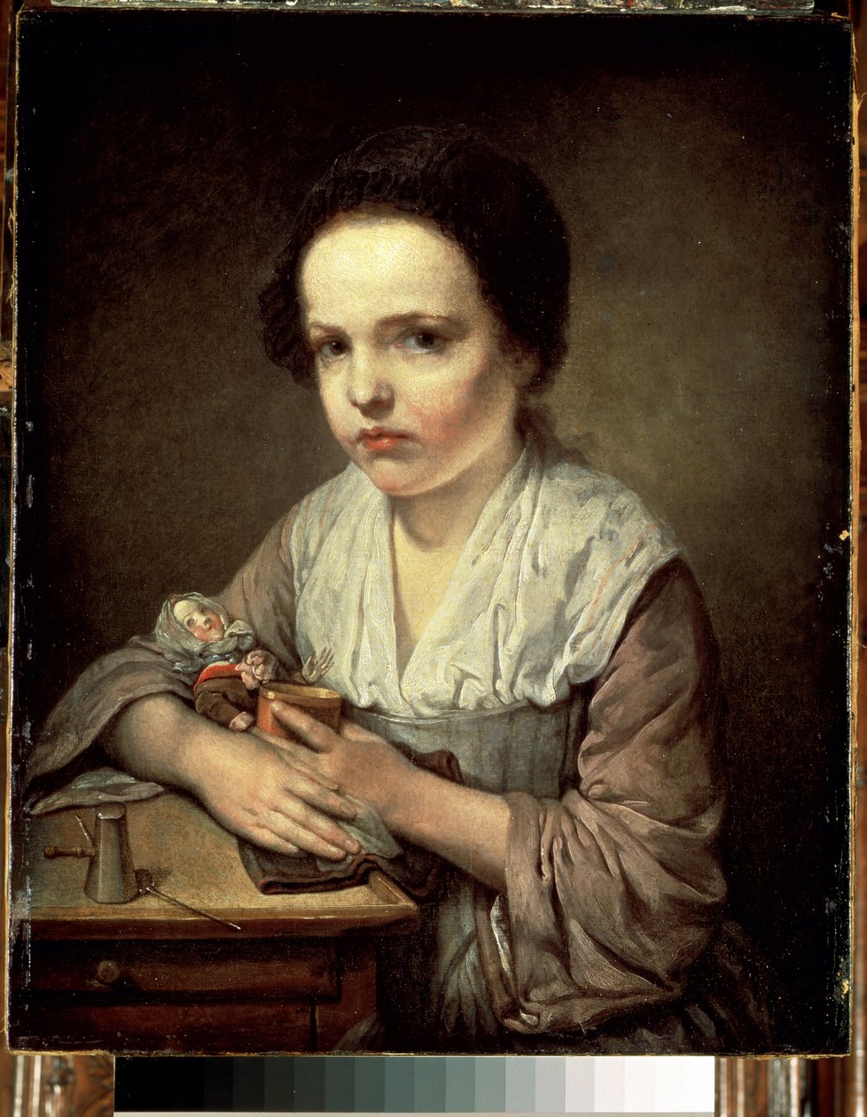 ""Petite fille a la poupee"" (Flicka med en docka) Målning av Jean Baptiste Greuze (1725-1805) 1750 Dim. 65x55 cm Eremitagemuseet, Sankt Petersburg av Jean Baptiste Greuze