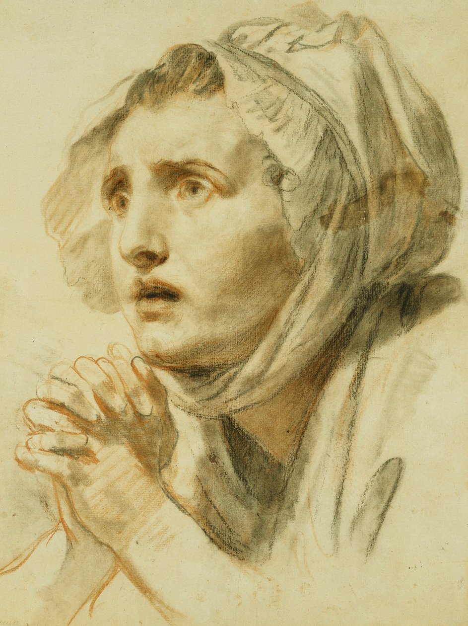 Porträtt av en kvinna, bystlängd, i en motorhuv, med händerna knäppta, av Jean Baptiste Greuze