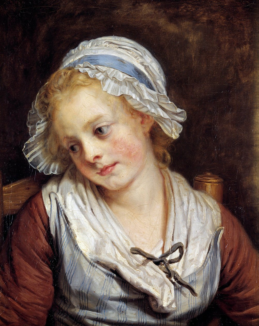 Porträtt av en jungfru Målning av Jean-Baptiste Greuze (1725-1805). 1765. Dim. 0,45x0,37 m. Chantilly, Musee Conde - Porträtt av en ung flicka. Målning av Jean-Baptiste Greuze (1725-1805). 1765. 0,45 x 0,37 m. Conde Museum, Chantilly, Frankrike av Jean Baptiste Greuze