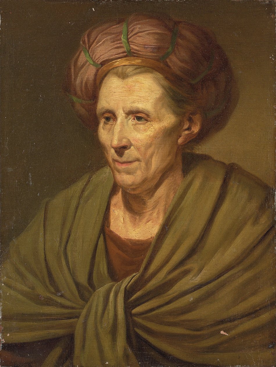 Porträtt av en kvinna, bystlång, med brun turban och grön sjal av Jean Baptiste Greuze