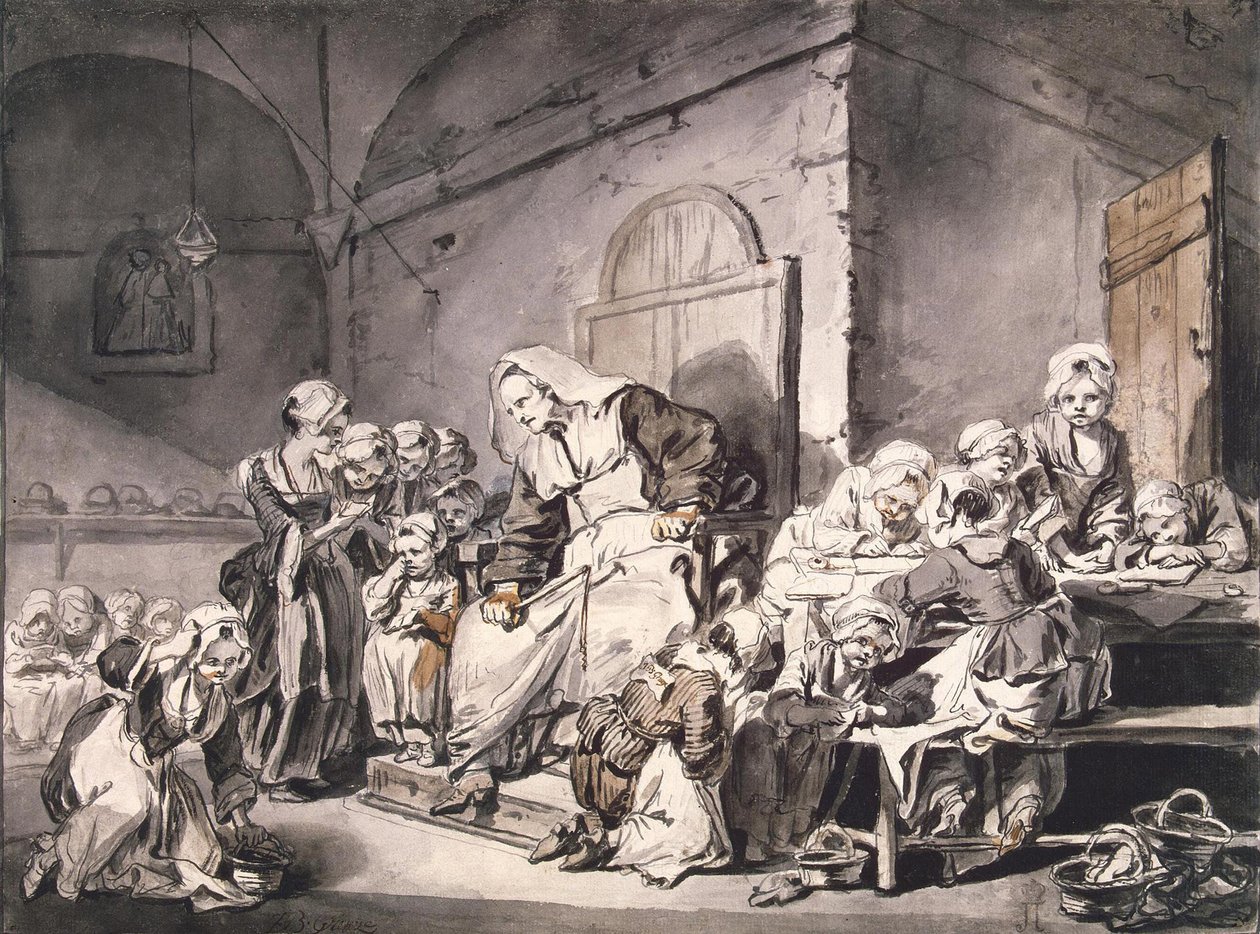 Skollärare par Greuze, Jean-Baptiste (1725-1805). Penna, pensel, grå och brun färg, akvarell på papper, storlek: 27,8x33,8, ca 1764-1765, State Hermitage, St. Petersburg av Jean Baptiste Greuze