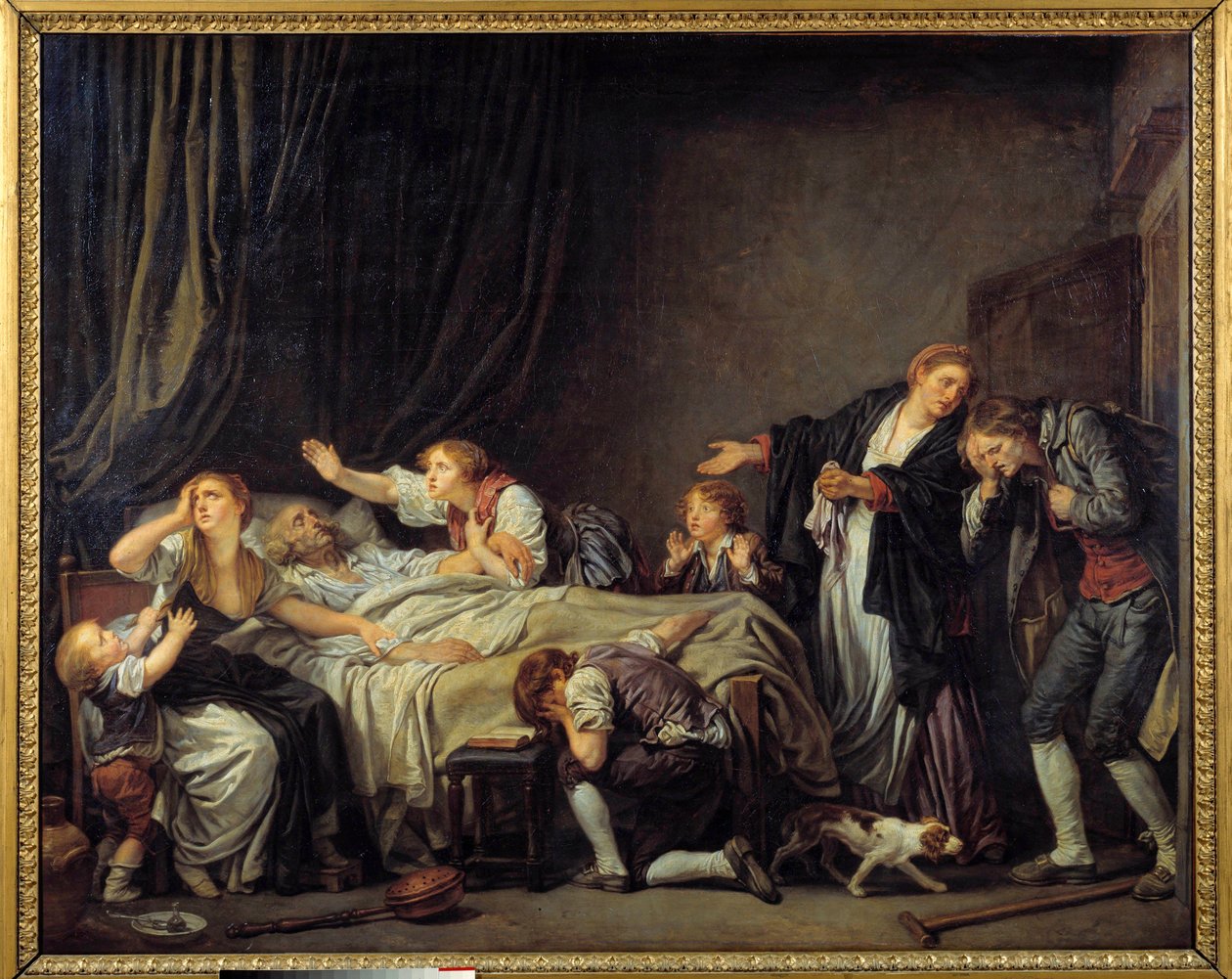 Sonen straffad Sonen återvänder hem och hittar sin familj gråtande vid sängkanten av den döde faderns säng. Målning av Jean Baptiste Greuze (1725-1805) 1778 Sön. 1,3x1,63 m av Jean Baptiste Greuze