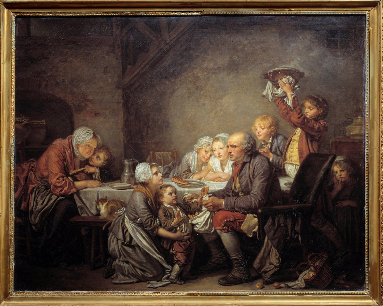 The Kings cake En familj som delar tårtan på trettondagsfesten. Målning av Jean Baptiste Greuze (1725-1805) 1774 Sön. 0,72x0,91 m Montpellier musee Fabre av Jean Baptiste Greuze