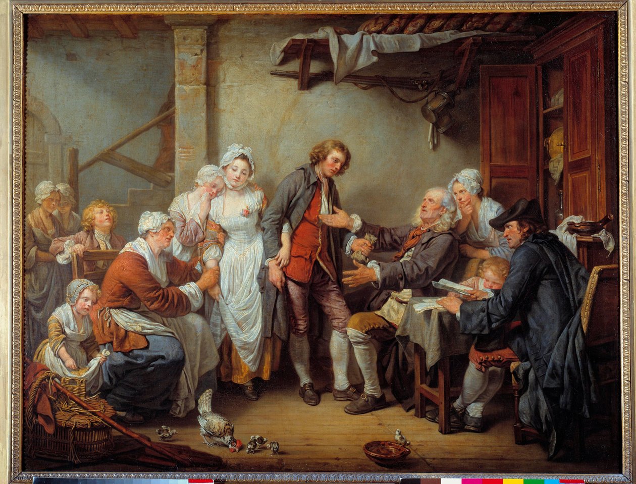 Byns godkände Brudens far ger doten till sin svärson. Målning av Jean Baptiste Greuze (1725-1805). 1761 Sön. 0,92 x 1,17 m. av Jean Baptiste Greuze