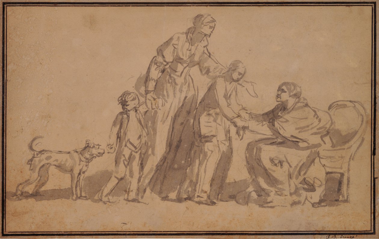 Två barn och mamma välkomnas av en gammal sköterska av Jean Baptiste Greuze