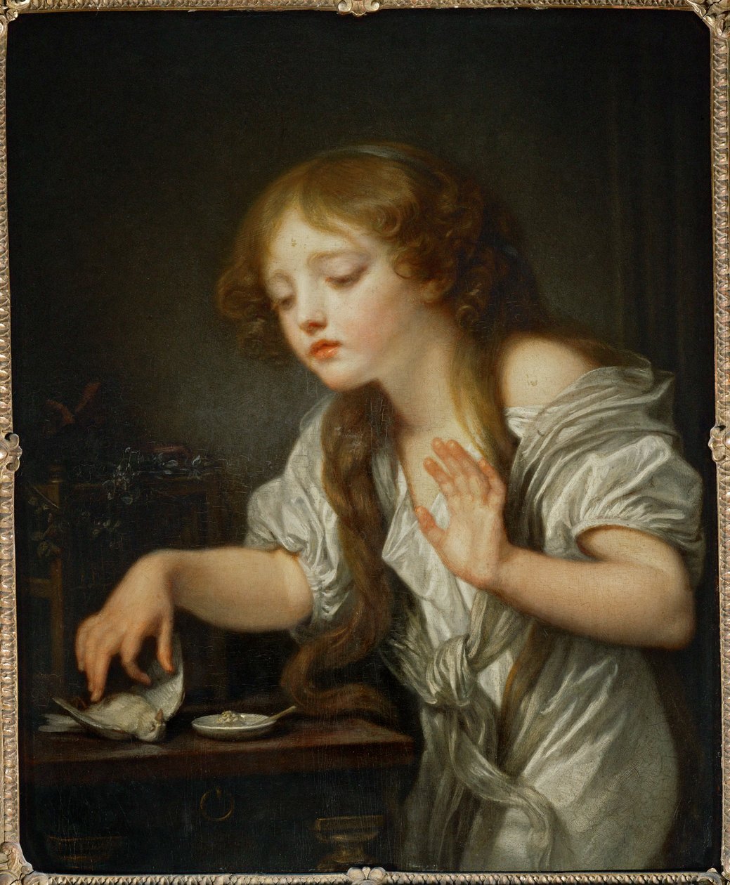 Ett barn som inte vill röra vid en fågel av rädsla för att den ska vara död, säger att fågeln är död ... av Jean Baptiste Greuze