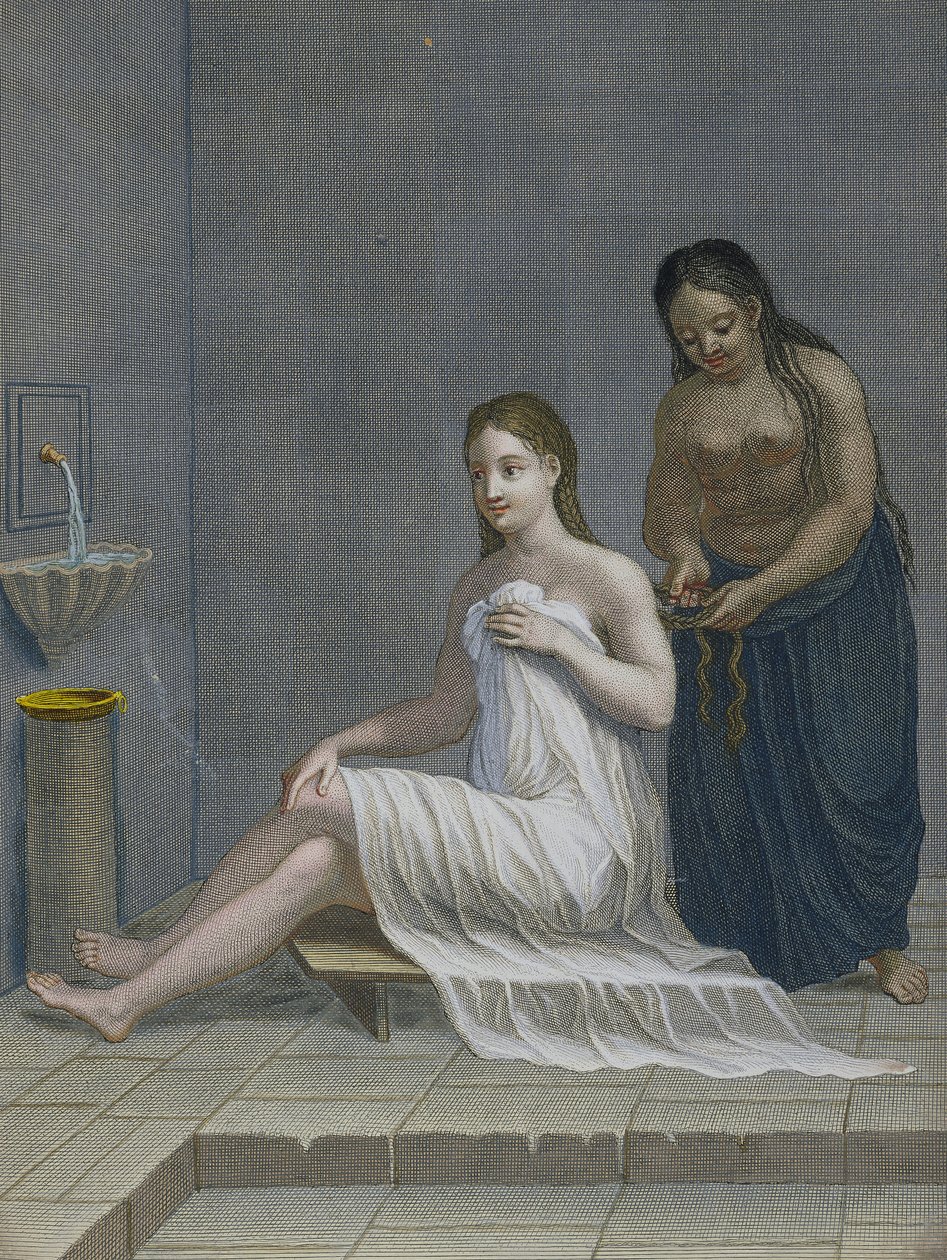 Turkisk flicka, med håret flätat i badet, 1700-talet av Jean Baptiste Haussard