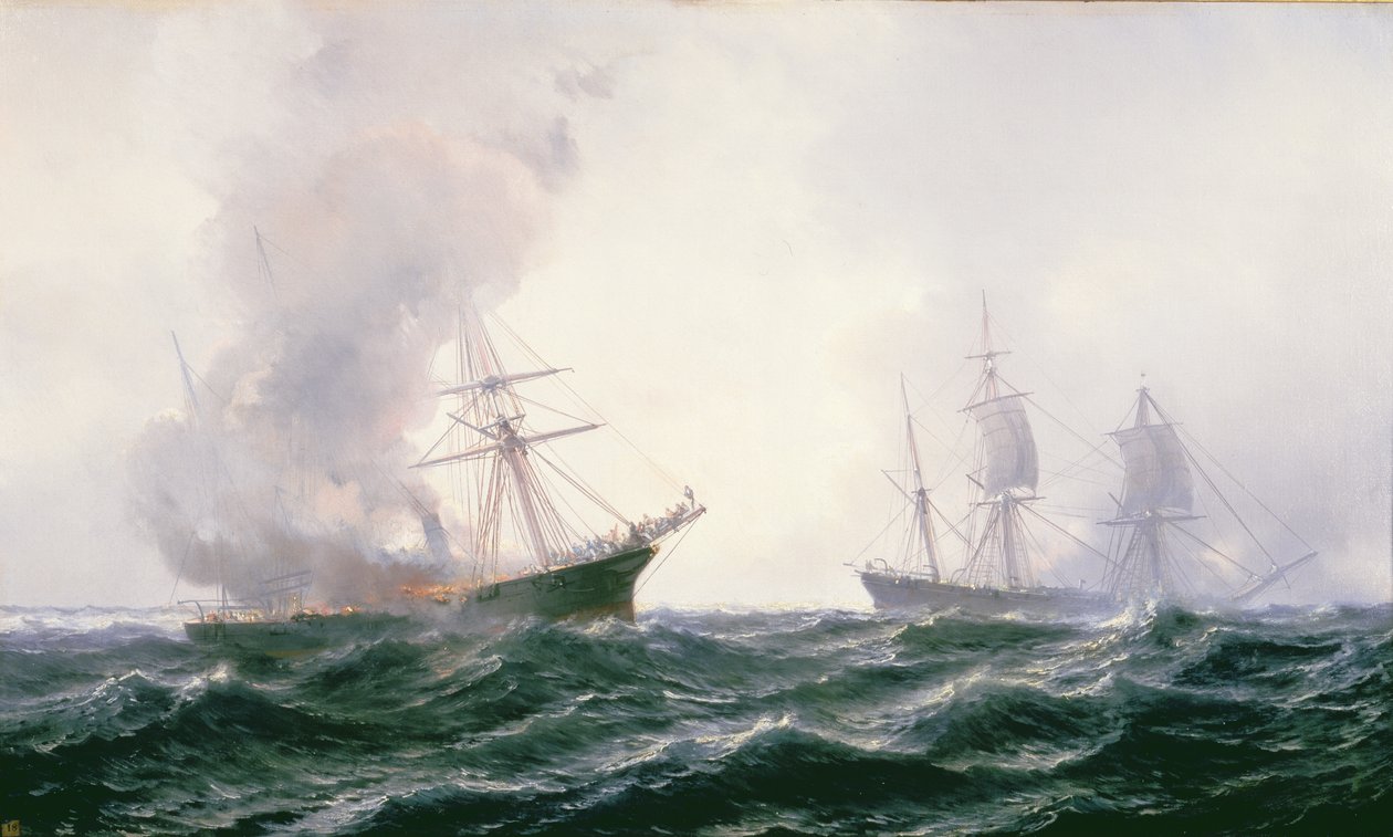 Ett fartyg i brand till sjöss, med ett annat stående vid sidan av av Jean Baptiste Henri Durand Brager