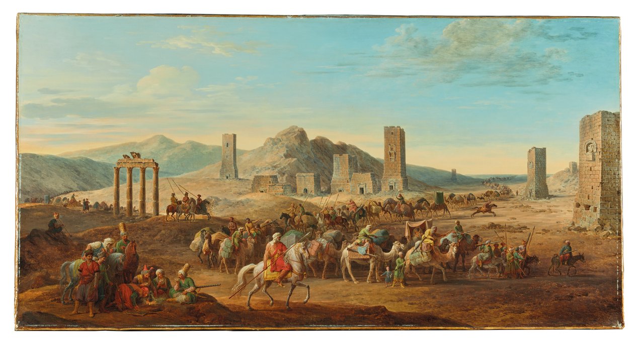 Två husvagnar vid ingången till dalen som leder till Palmyra av Jean Baptiste Hilair