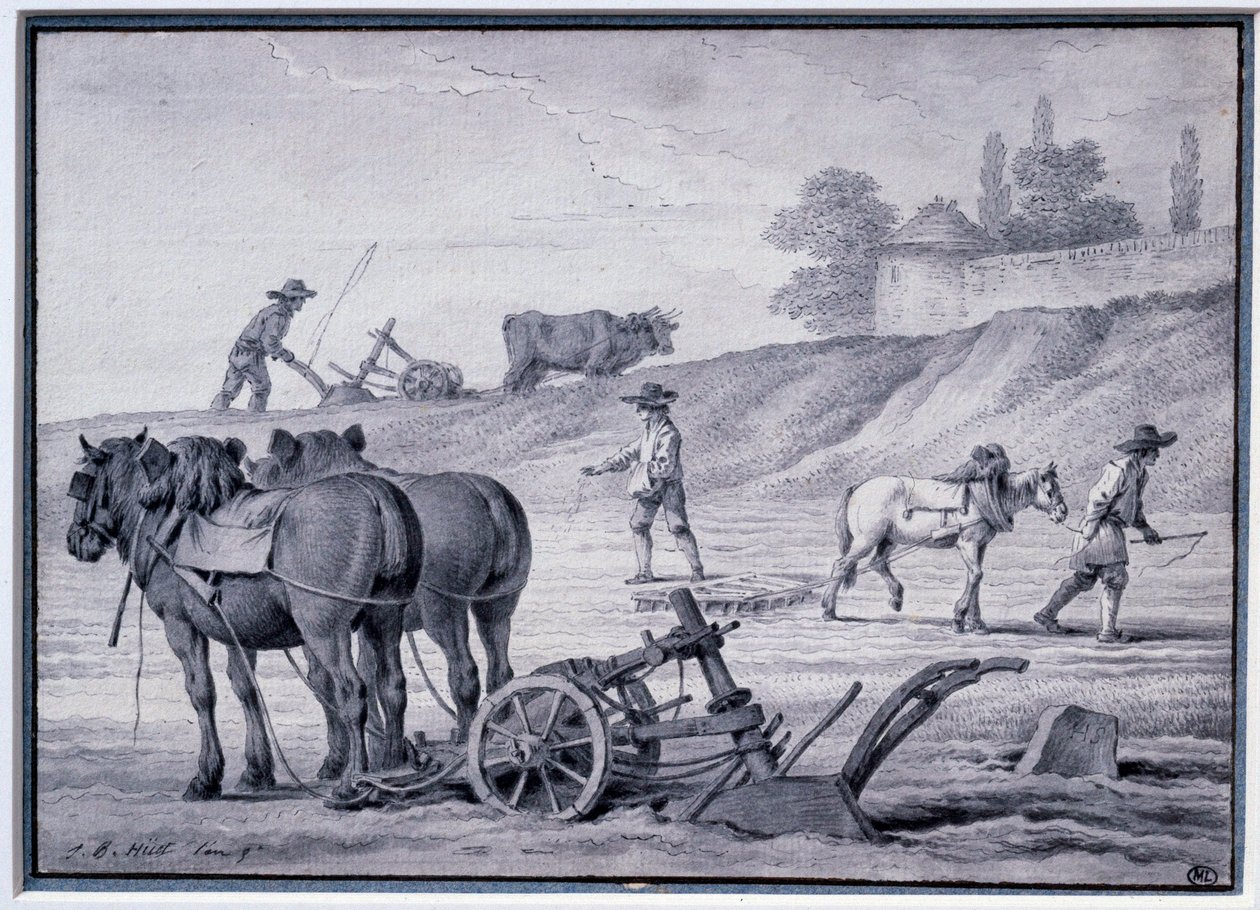 Jordbruk: plöjningsscen. Teckning av Jean Baptiste Huet (1745-1811) 1700-talets Paris, Louvren av Jean Baptiste Huet
