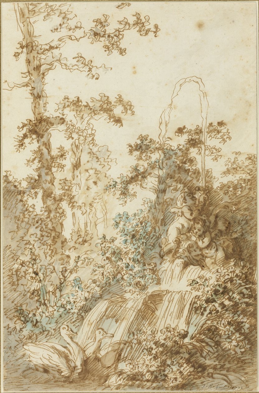Capriccio med fontän och frossande svanar av Jean Baptiste Huet