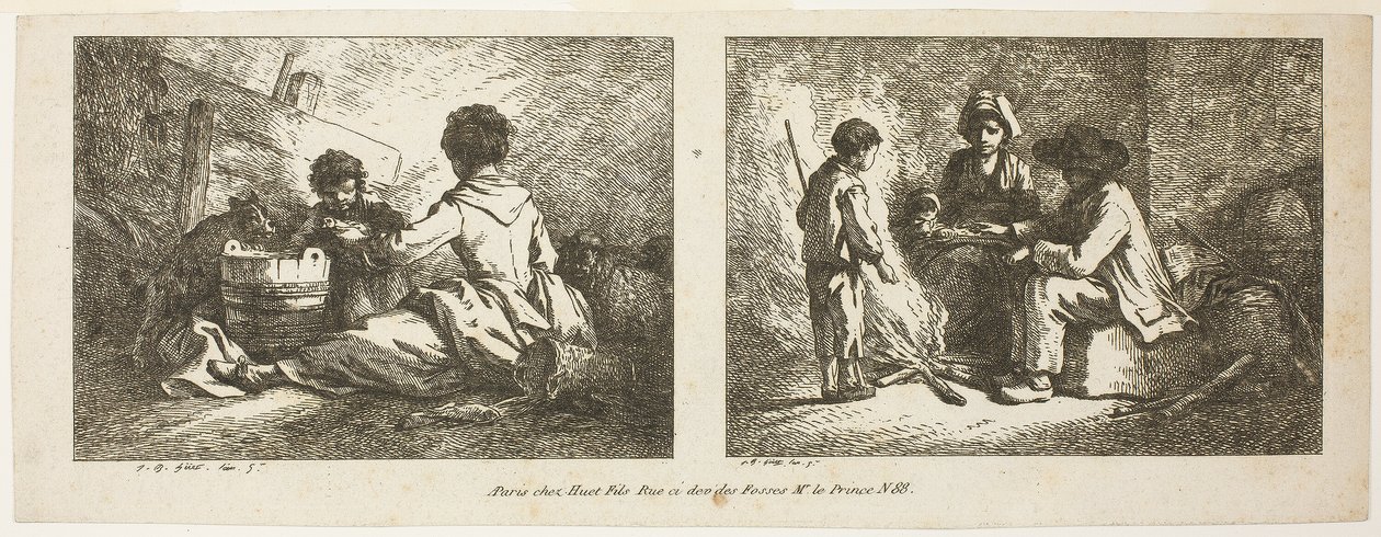 Barn med hund och får och bondefamilj vid en eld av Jean Baptiste Huet