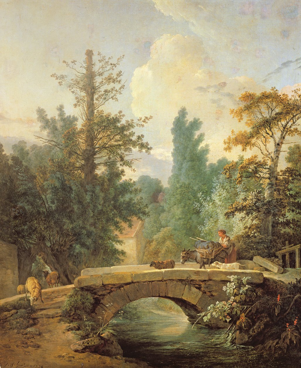 Bonden och hennes åsna korsar en bro, 1775 av Jean Baptiste Huet