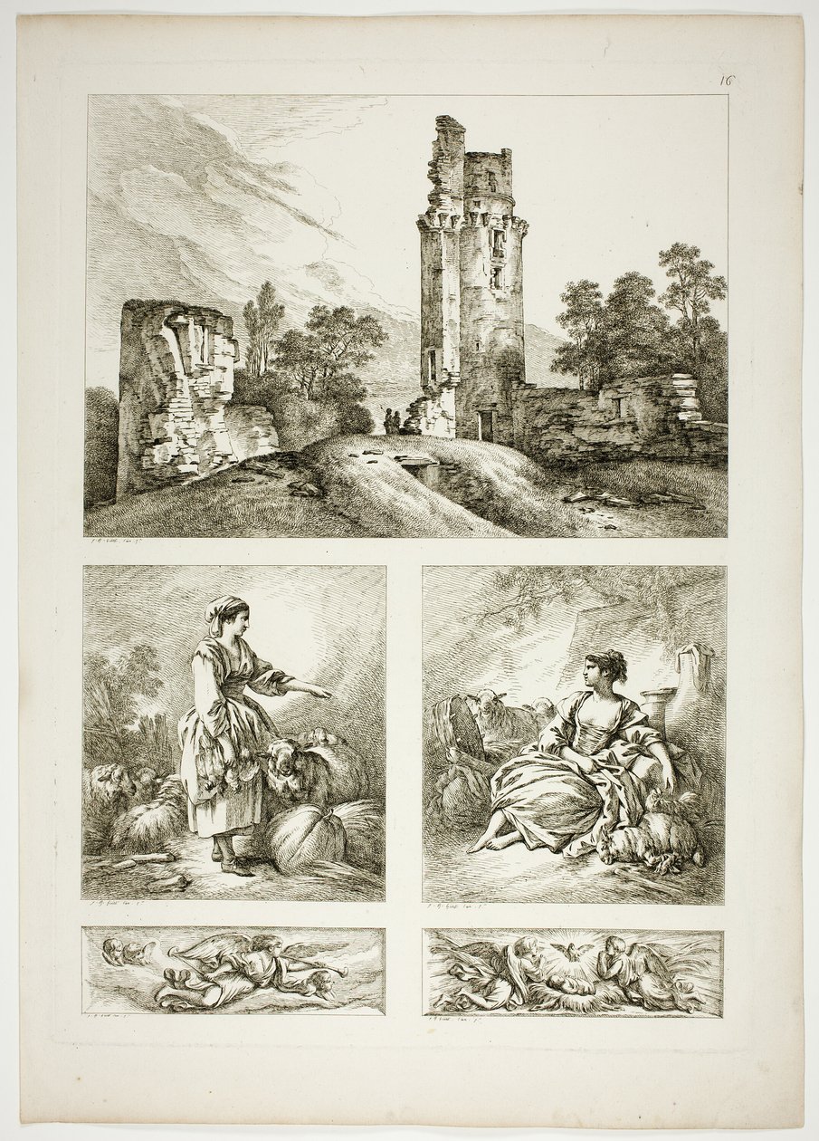 Tallrik sexton av 38 från Oeuvres de J. B. Huet av Jean Baptiste Huet