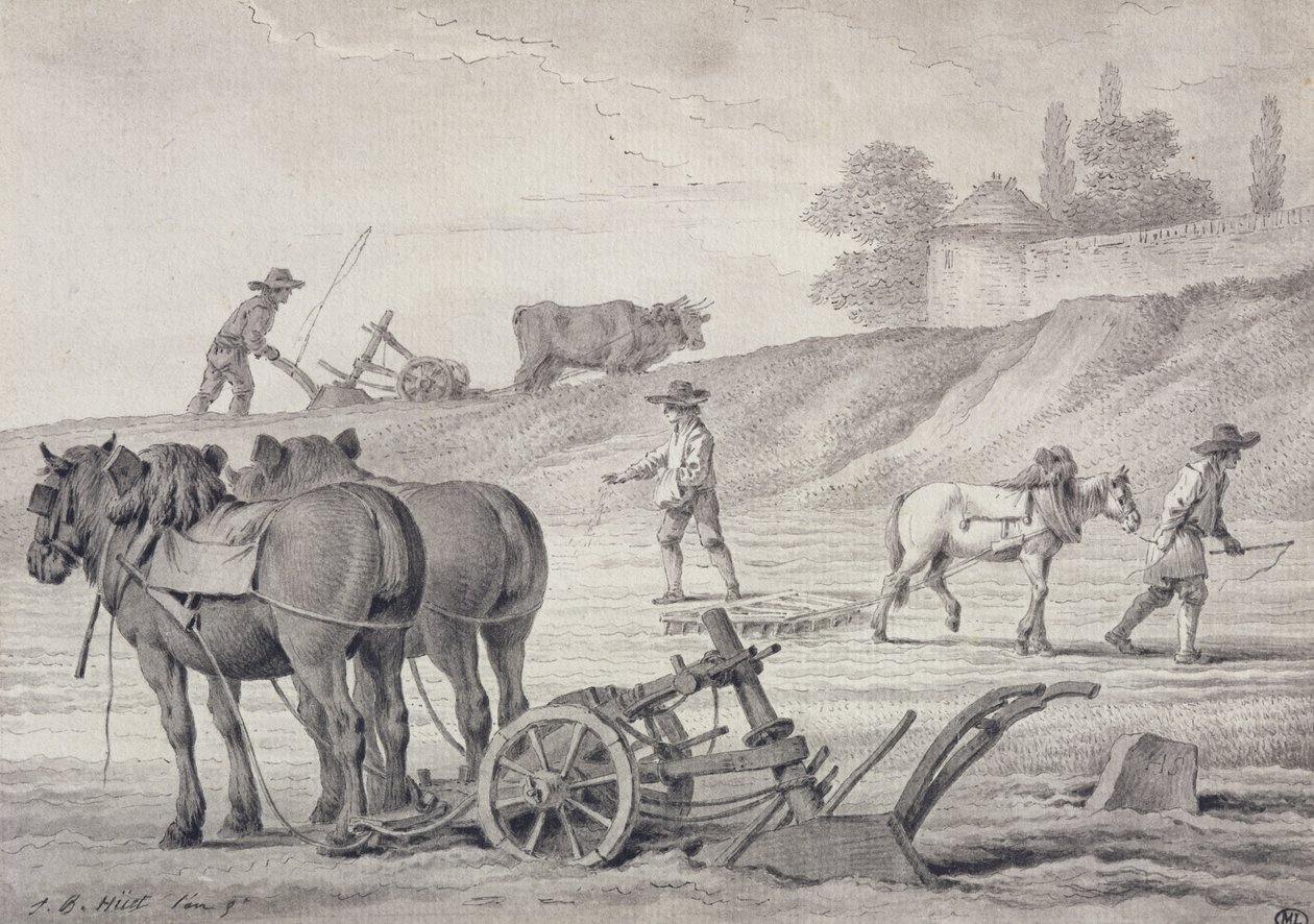 Plowing the Fields (penna och bläck och tvätt på papper) av Jean Baptiste Huet