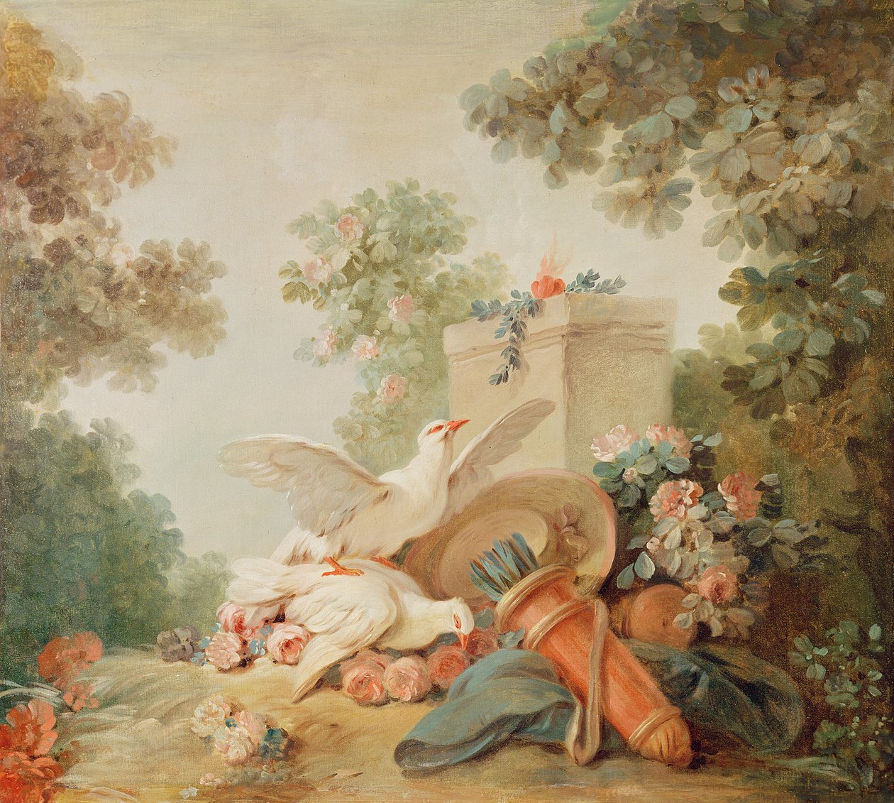 Tryckaren Gilles Demarteaus salong, ovanför dörren: duvor, en koger och en stråhatt, ca 1750-65 av Jean Baptiste Huet