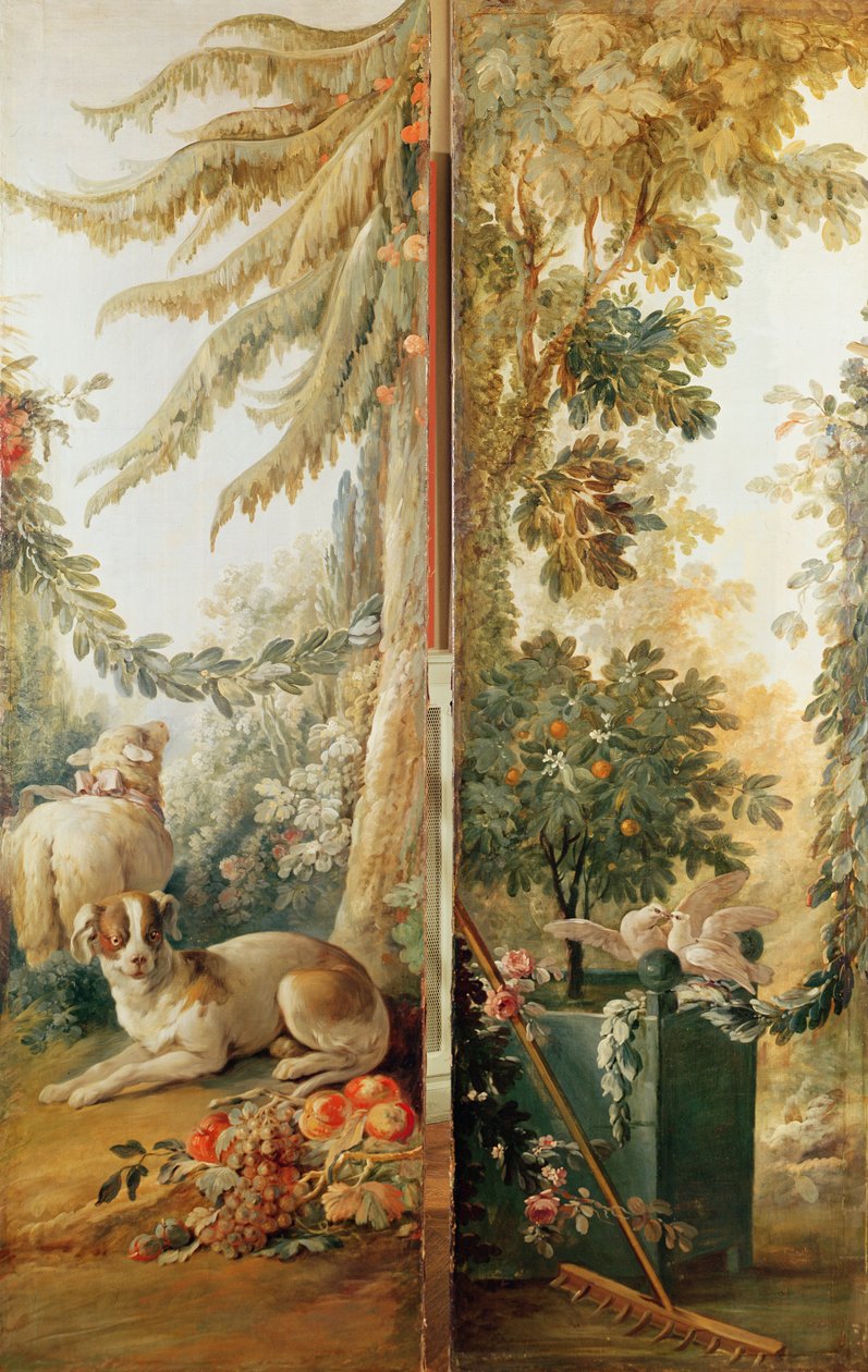 Gilles Demarteaus salong, två paneler 1. hund och får 2. planterat apelsinträd med hackande duvor av Jean Baptiste Huet