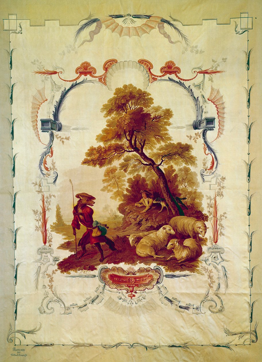 Vargen blev herde Illustration till fabeln av Jean de La Fontaine. Gobeläng av Jean Baptiste Huet (1745-1811) tillverkad av Beauvais tillverkare. 1700-tals Paris, nationella möbler. av Jean Baptiste Huet
