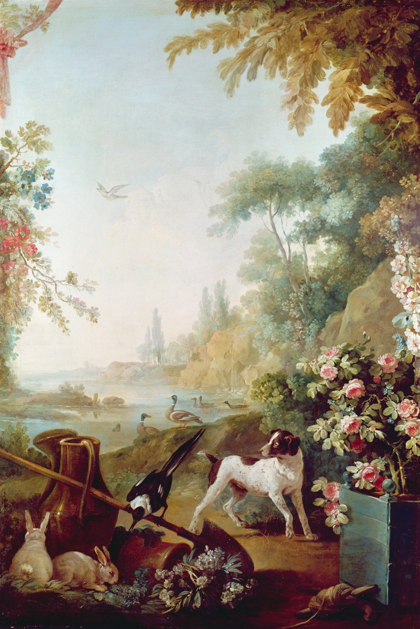 Två kaniner, en skata och en hund, från Gilles Demarteau-salongen (1722-76) av Jean Baptiste Huet