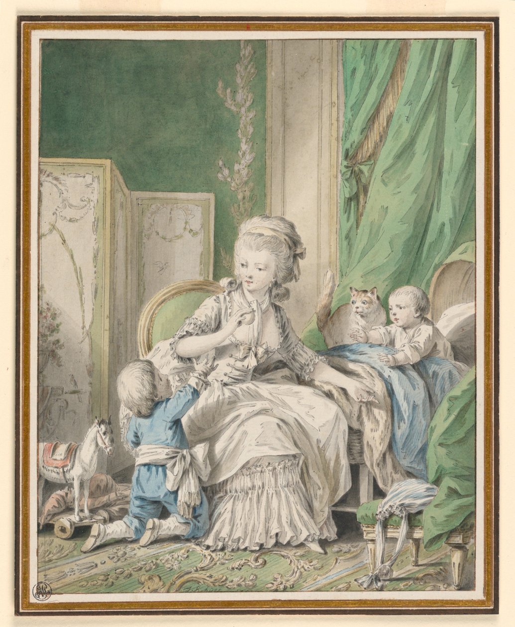 Teckning, Mor och två barn i en boudoir, möjligen 1782 av Jean Baptiste Huet