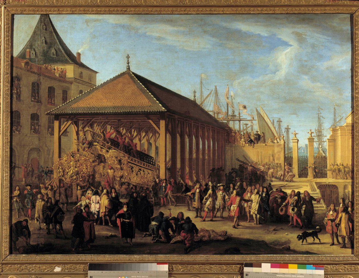Jean Baptiste (Jean-Baptiste) Colbert (1651-1690) Marquis de Seignelay och Louis Victor (Louis-Victor) de Rochechouart, hertig av Mortemart och Vivonne (1636-1688), general för galererna och amiral för Levantens flotta , besöker Galere Reale ”unde av Jean Baptiste I de La Rose
