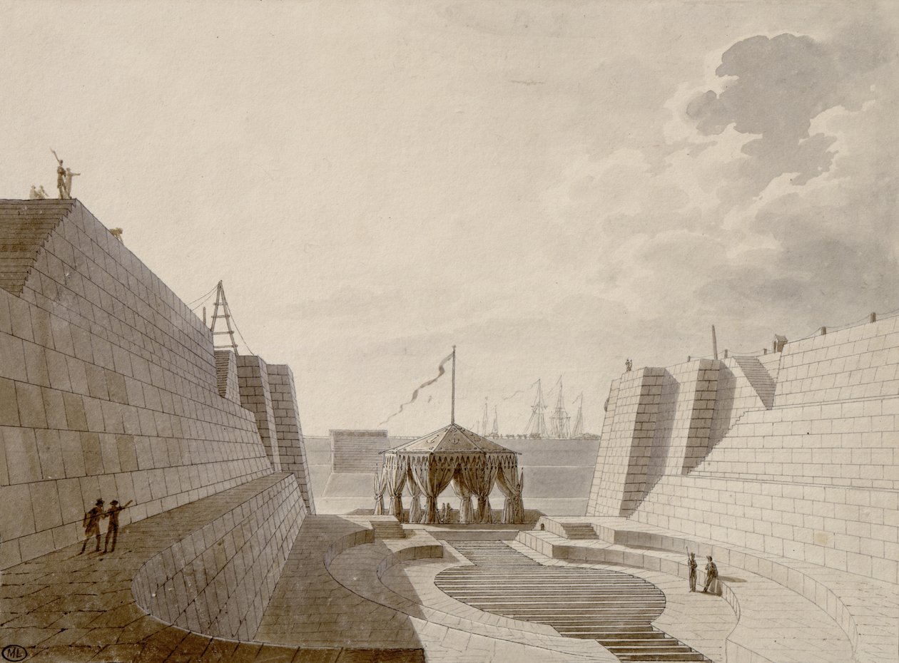 Torrdocka i Cherbourg, juli 1813 (penna, bläck och wc på papper) av Jean Baptiste Isabey