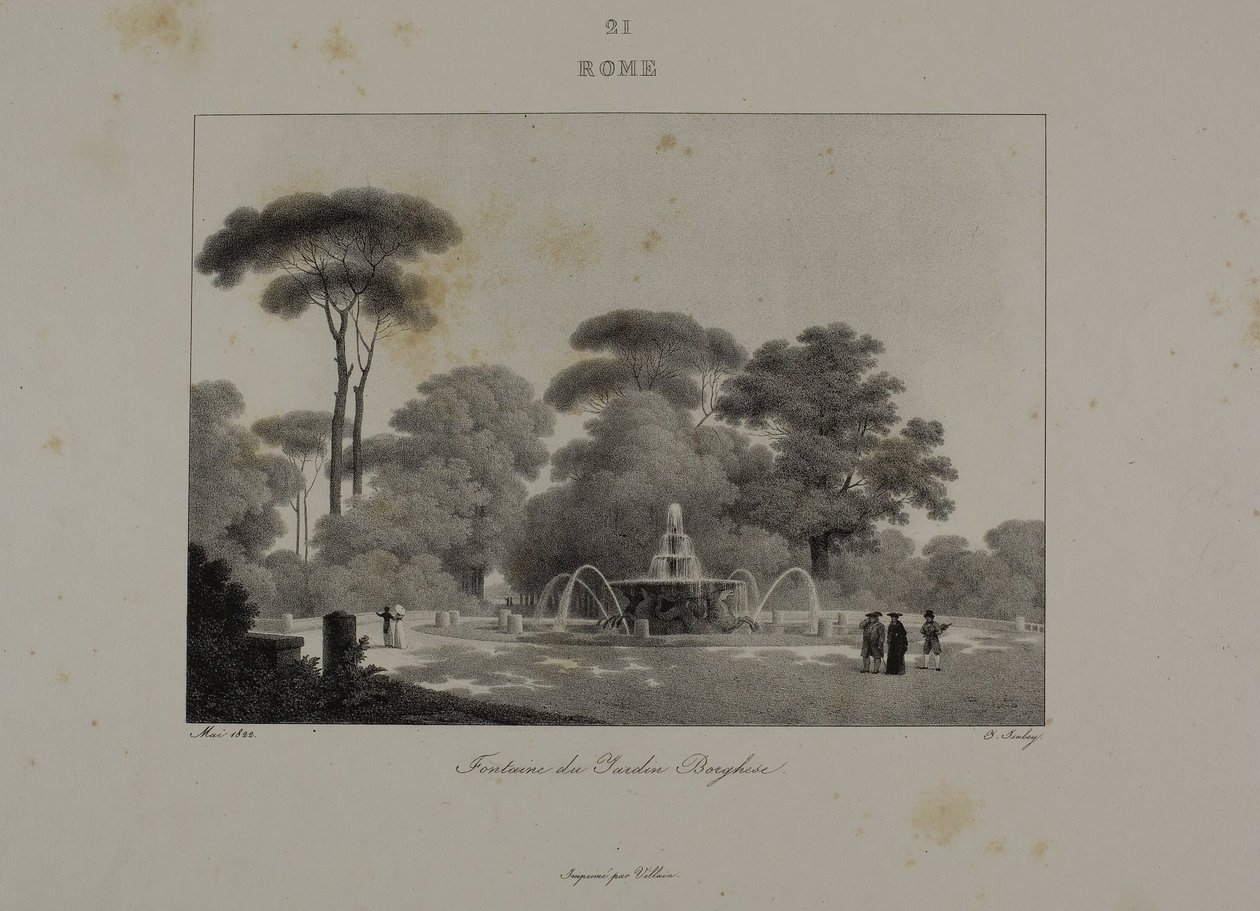 Fontän i trädgården av Villa Borghese, Rom av Jean Baptiste Isabey