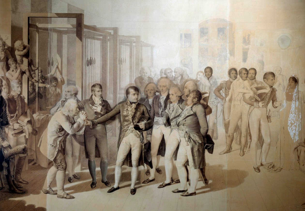 Napoleon Bonaparte (1769-1821), förste konsul, i närvaro av Josephine de Beauharnais, besöker de sju brödernas sammetsfabrik i Rouen, november 1802 och ritar i tvätten av Jean Baptiste Isabey (1767-1855) 1804 Sön. 1,24x1,76 m Versailles, mu av Jean Baptiste Isabey