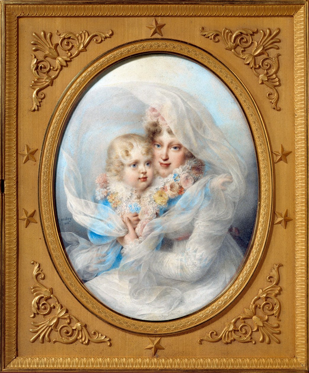 Porträtt av imponerande Maria Louise (1791-1847) och kung av Rom, Napoleon II, hertig av Reichstadt (1811-1832) son till kejsar Napoleon I (1769-1821) Målning av Johannes Döparen Isabey (1767-1855 Privat samling) 1814 av Jean Baptiste Isabey