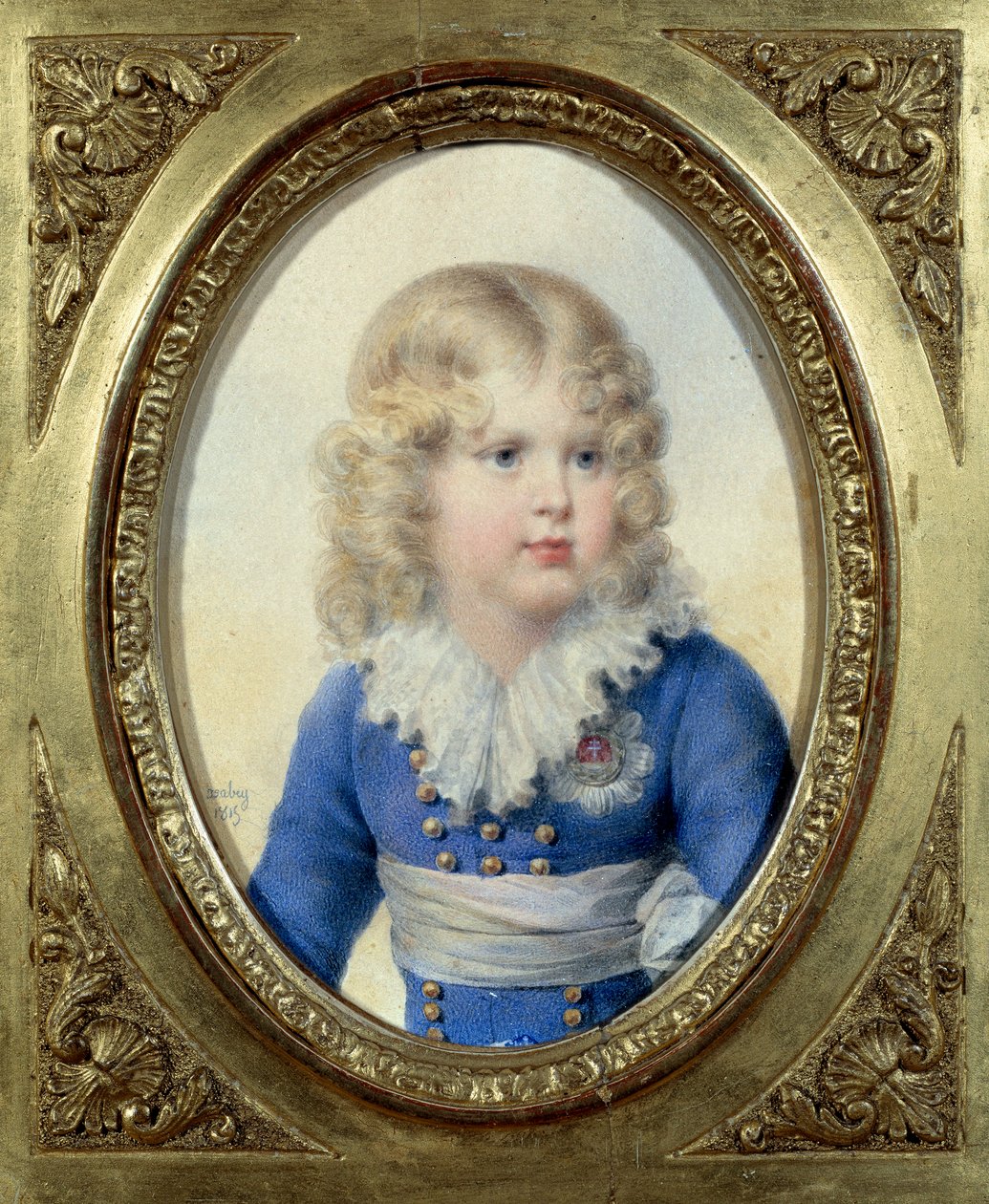 Kungen av Rom och prins av Parma Napoleon II, hertig av Reichstadt (1811-1832) son till kejsar Napoleon I (1769-1821) i blå klänning”” Akvarell av John Baptiste Isabey (1767-1855) 1815 Sön. 0,1x0,14 m Malmaison, slottsmuseum av Jean Baptiste Isabey