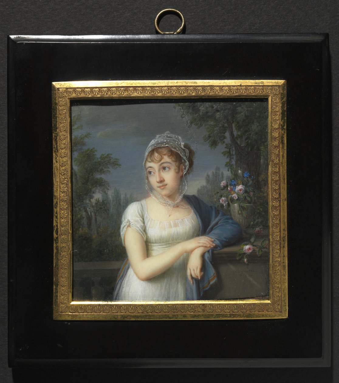 Porträtt av en kvinna nära en balustrade, 1804. av Jean Baptiste Jacques Augustin