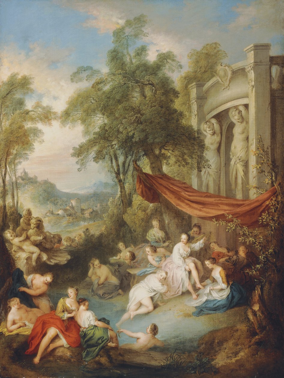 Nymfer som badar vid en pool vid en loggia, av Jean Baptiste Joseph Pater