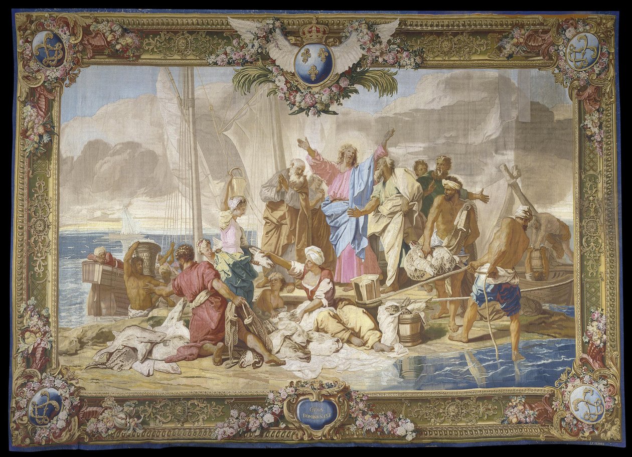 ""Det mirakulösa fisket"" Nya testamentet hänger i ull och siden Tillverkning royale des Gobelins, verkstad av Jean Lefebvre, efter Jean Jouvenet (1644-1717) av Jean Baptiste Jouvenet