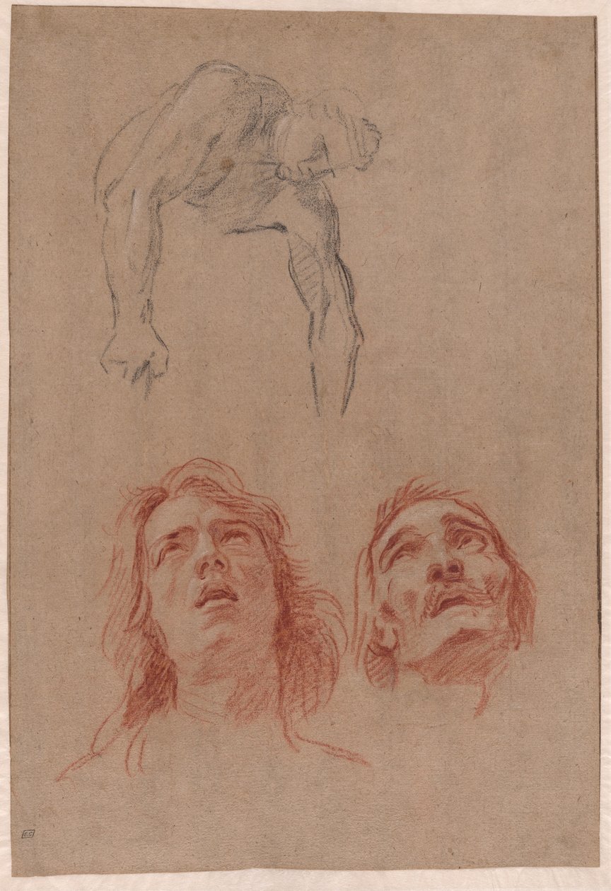 Man som sträcker sig ner och två studier av huvuden (recto) av Jean Baptiste Jouvenet