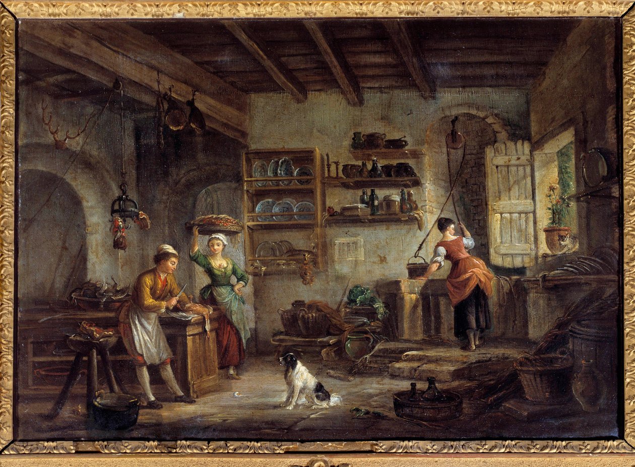 En köksinredning Kockar och hembiträden förbereder sin herres måltider. Målning av Jean Baptiste Lallemant (1710-1803) 1700-talets Bourg en bresse, Musee de Brou av Jean Baptiste Lallemand