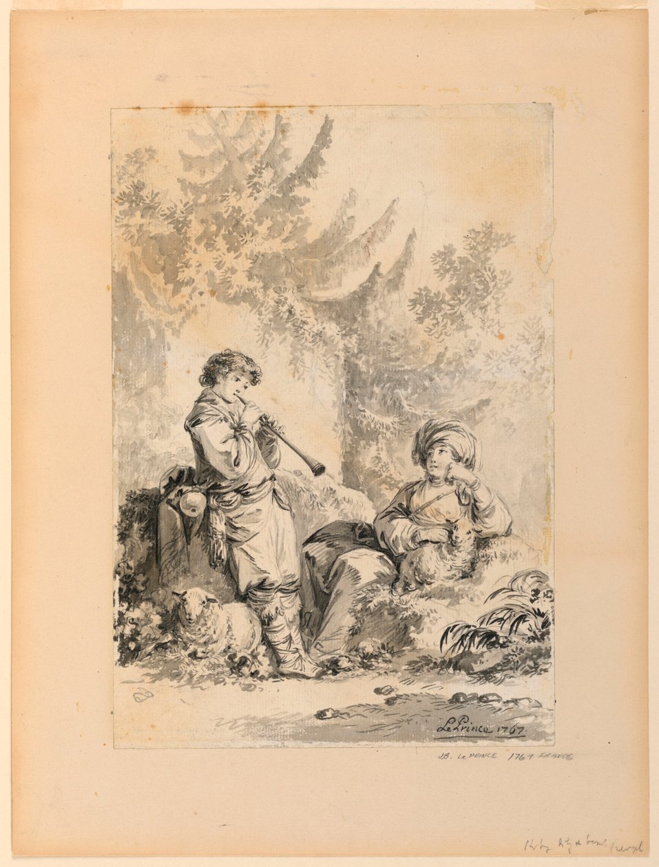 Teckning, Herdepojke och herdinna i ett landskap, 1767 av Jean Baptiste Le Prince
