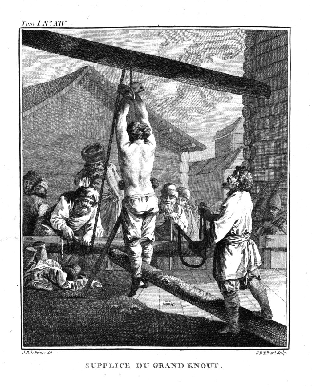 Bestraffning med en stor Knout. Från Voyage en Sibérie, 1766 av Jean Baptiste Le Prince