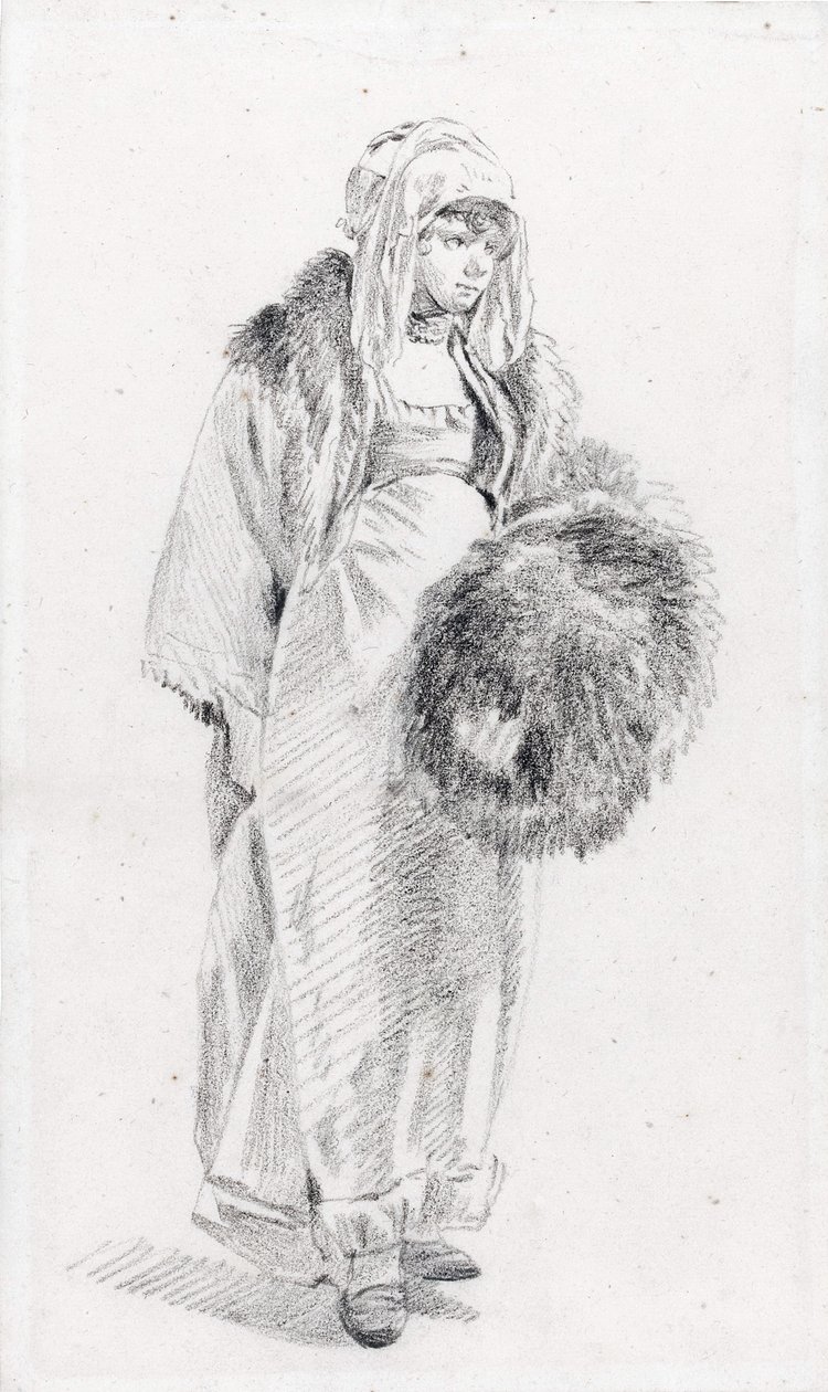 Rysk kvinna med en pälsmuff par Le Prince, Jean-Baptiste (1734-1781), Mellan 1758 och 1761 - Svart krita på papper, 22,9x13,8 - Privat samling av Jean Baptiste Le Prince